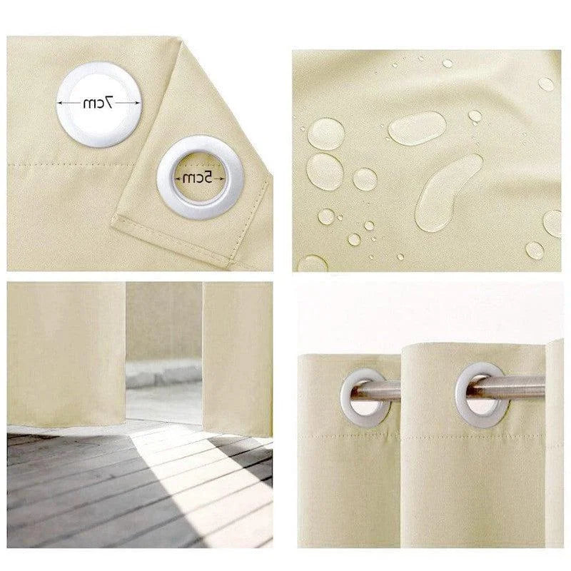 Rideau beige imperméable avec œillets de 7 cm, idéal pour balcons et terrasses. Permet de filtrer la lumière tout en offrant une protection contre l'humidité grâce à son revêtement résistant à l'eau. Parfait pour une utilisation extérieure et intérieure, ajoutant une touche élégante à votre espace de vie en plein air.