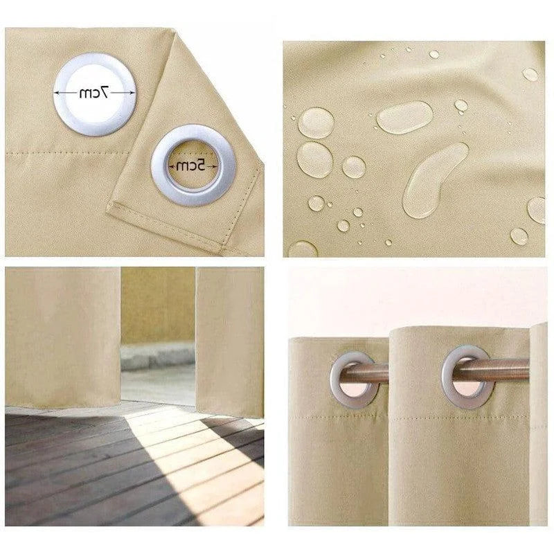 Rideau beige imperméable avec œillets, idéal pour l'extérieur, protège contre l'humidité et les rayons du soleil, dimensions personnalisables, installation facile. Parfait pour jardins, balcons et terrasses.