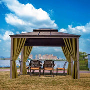 rideau protection soleil extérieur vert olive marron foncé tissu texturé opacité totale pergola décoratif