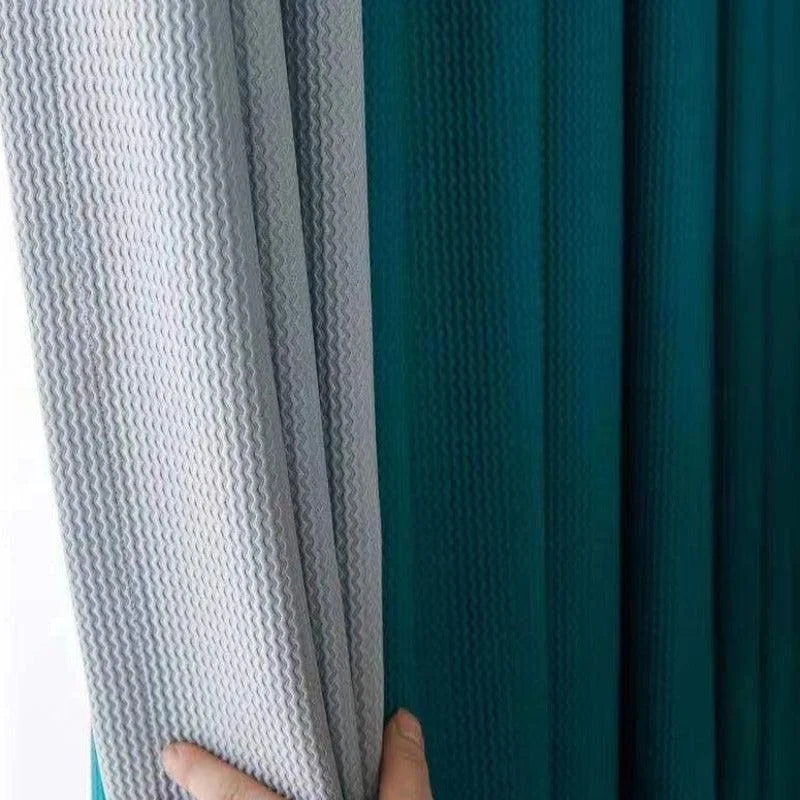 Rideaux modernes à motif ondulé en deux tons gris et turquoise, parfaits pour ajouter une touche élégante et contemporaine à votre intérieur. Ces rideaux occultants offrent à la fois intimité et style pour votre salon ou chambre à coucher.