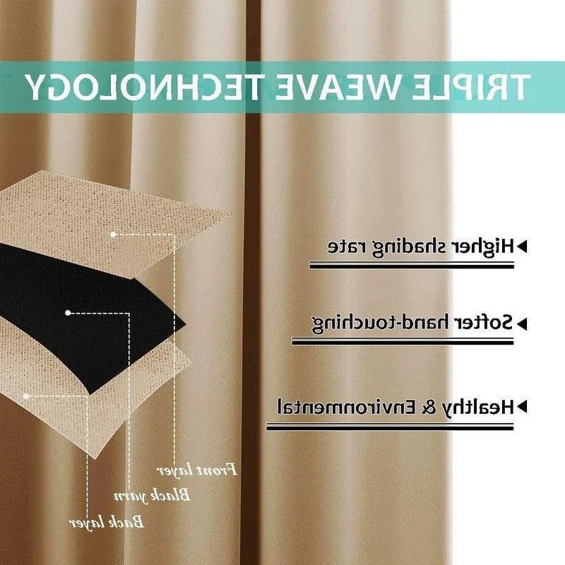 Rideau opacifiant beige avec technologie de tissage triple. Efficacité accrue pour bloquer la lumière, toucher doux, respectueux de l'environnement. Idéal pour une chambre ou un salon élégant.