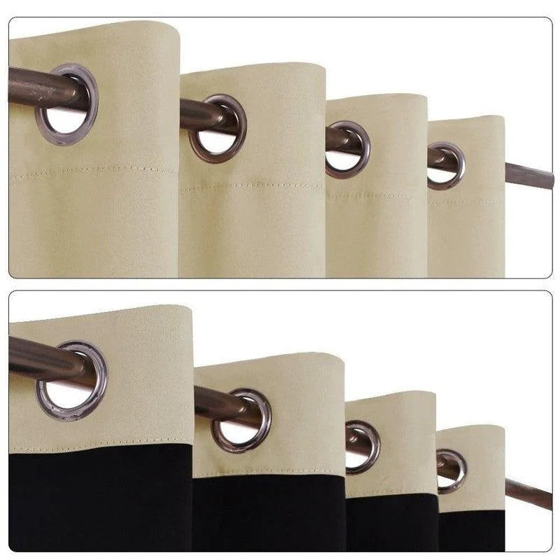 Rideaux à œillets bicolores pour chambre et salon, design élégant avec combinaisons de couleurs noir et beige, système d'accrochage pratique pour une installation facile sur tringle, idéale pour décorer votre intérieur tout en modulant la lumière et l'intimité.
