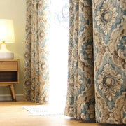 rideau floral complexe beige bleu vert baroque opulent tringle métal foncé chambre