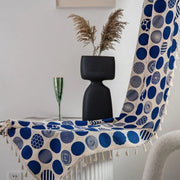 rideau bohème géométrique bleu foncé beige motifs circulaires franges ethnique moderne