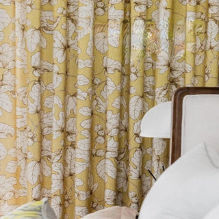 rideau floral opaque voilage transparent jaune beige blanc marron motifs feuilles fleurs tringle decoration