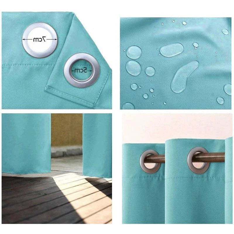Rideau opaque imperméable bleu turquoise avec œillets métalliques, idéal pour une utilisation en extérieur. Résistant aux éclaboussures d'eau et aux rayons du soleil, parfait pour les terrasses et jardins. Mesure des œillets incluse pour une installation facile et pratique.