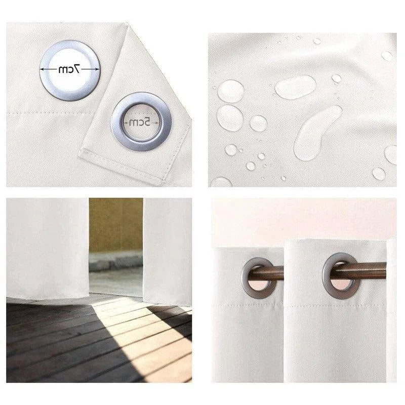 Rideau extérieur imperméable avec œillets de 4 cm de diamètre, idéal pour balcons et terrasses. Résistant aux intempéries, ce rideau moderne offre une protection efficace contre la pluie et le soleil. Design élégant et pratique pour embellir et protéger vos espaces extérieurs.