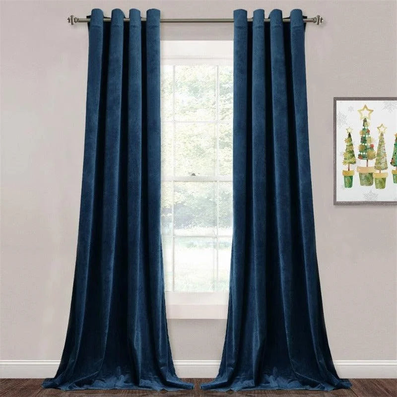 Rideaux longs bleus élégants pour salon, améliorant la déco intérieure avec style. Idéal pour bloquer la lumière, ajoutant une touche moderne et sophistiquée. Rideaux prêts à poser avec œillets pour installation facile. Accessoire parfait pour créer une ambiance chaleureuse et contemporaine.