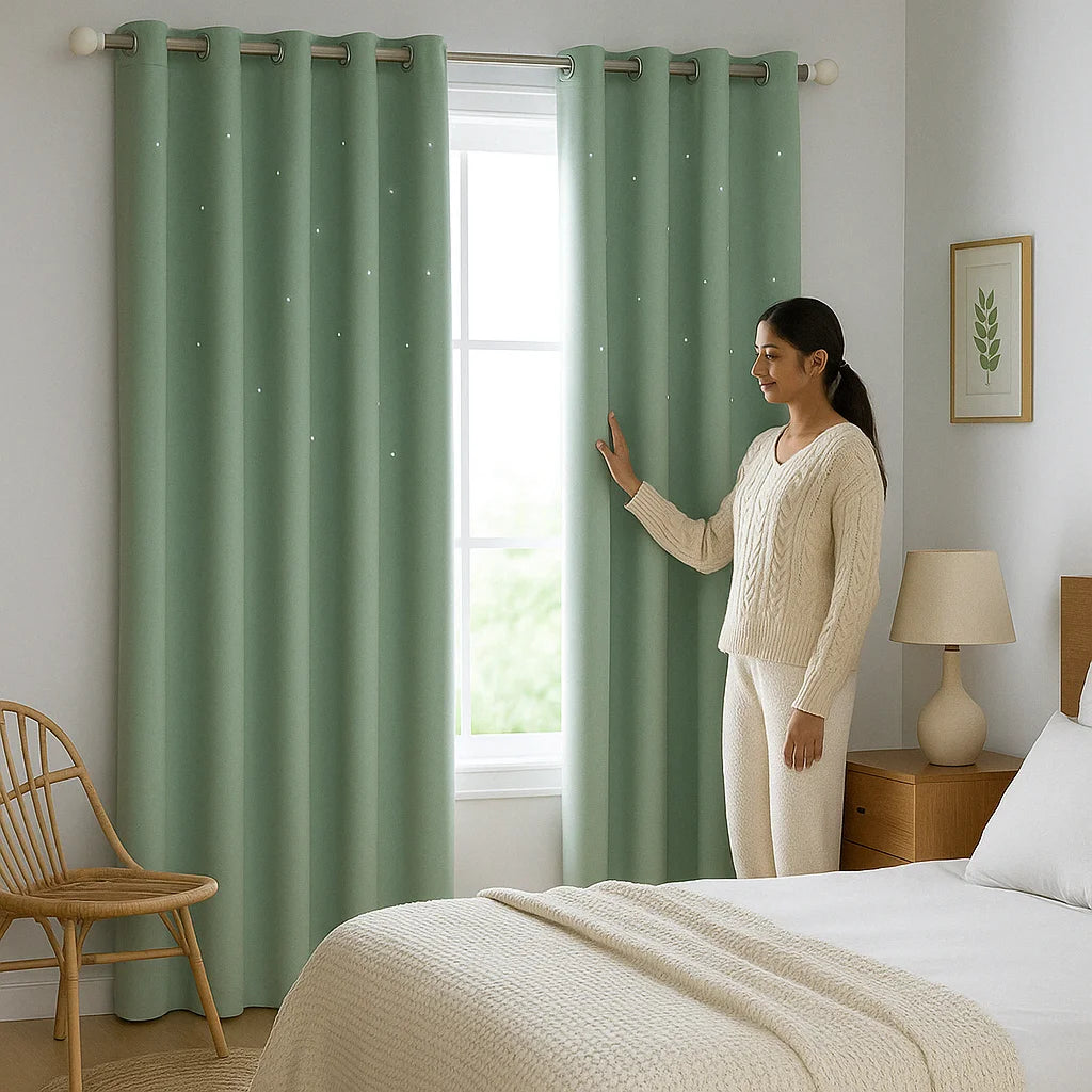 Rideau vert menthe clair avec voilage intégré, décorant une chambre moderne et minimaliste avec une ambiance douce et naturelle.