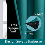 Illustration d’un rideau vert très opaque avec schéma montrant sa doublure noire thermique en couches superposées pour un effet occultant renforcé.