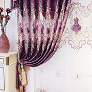 rideau violet foncé motifs floraux opacité variable passe tringle texture veloutée asiatique volants festons