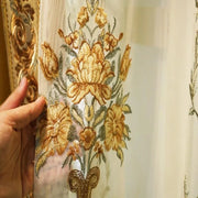 rideau voilage blanc broderies florales motifs végétaux translucide classique or