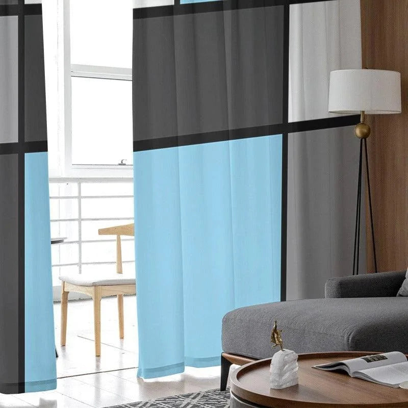 Rideaux modernes avec motif géométrique aux couleurs neutres et bleu, parfaits pour ajouter une touche élégante à votre salon. Améliorez l'ambiance de votre intérieur avec ces rideaux tendance, idéals pour un espace lumineux et accueillant.