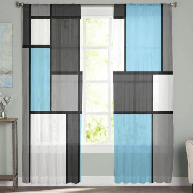 Rideaux modernes à motifs géométriques, parfaits pour ajouter une touche contemporaine à votre intérieur. Les blocs de couleurs grises, bleues et blanches se combinent harmonieusement, créant une ambiance élégante et lumineuse. Idéal pour le salon, chambre à coucher ou bureau, ces rideaux s'adaptent facilement à différents styles de décoration. Installation facile et design épuré pour un intérieur raffiné.