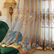 rideau voilage brodé motifs floraux beige marron rose vert doré gris translucide classique tringle