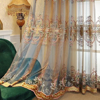 rideau voilage brodé motifs floraux beige marron rose vert doré gris translucide classique tringle
