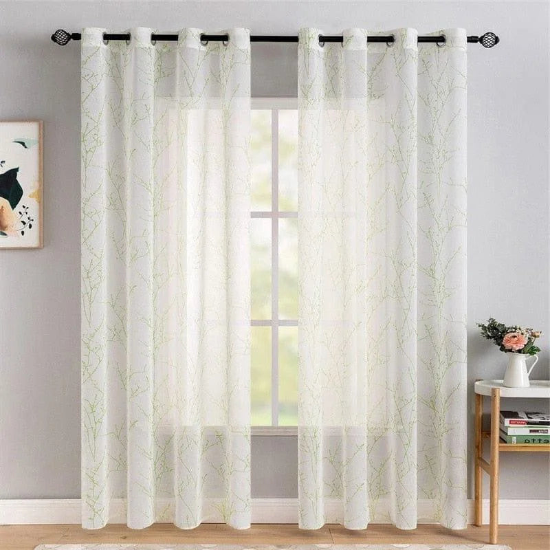 Rideaux transparents avec motif naturel vert, idéaux pour un salon moderne. Ces rideaux élégants apportent une touche de fraîcheur lumineuse à votre intérieur. Parfaits pour personnaliser votre espace tout en filtrant délicatement la lumière du jour.