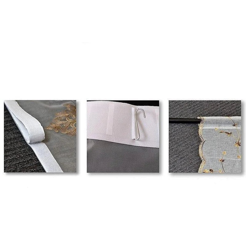 Photos en gros plan d'un rideau prêt à poser avec passants, crochet et barre de fixation, idéal pour la décoration intérieure. L'installation facile du rideau permet d'apporter une touche élégante à votre espace tout en offrant un contrôle optimal de la lumière. Parfait pour salons, chambres et autres pièces de la maison.