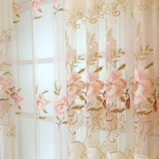 rideau voilage floral transparent romantique blanc cassé rose or brodé chambre classique