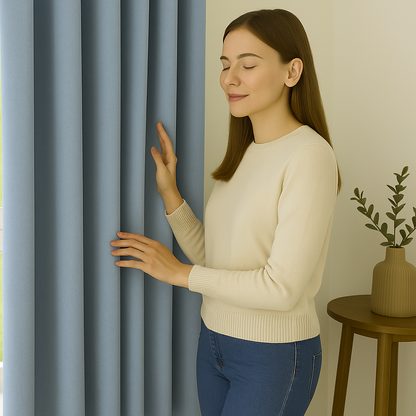 Jeune femme souriante aux yeux fermés touchant un rideau occultant bleu clair dans une pièce lumineuse à la décoration naturelle.