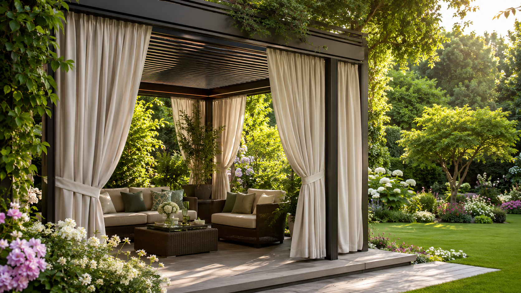 Rideaux extérieurs imperméables beige installés sous une pergola moderne dans un jardin verdoyant et fleuri.