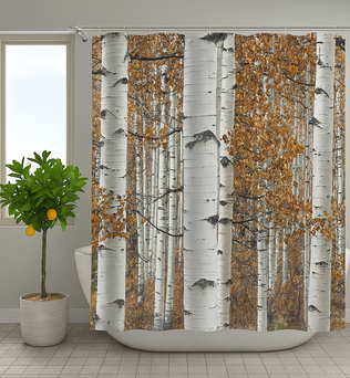 Rideau de douche imprimé forêt de bouleaux avec feuillage automnal doré, installé dans une salle de bain lumineuse avec une plante en pot à gauche.