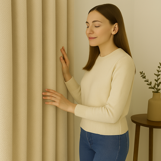 Femme élégante aux cheveux bruns touchant un rideau occultant beige clair dans un intérieur lumineux et épuré.