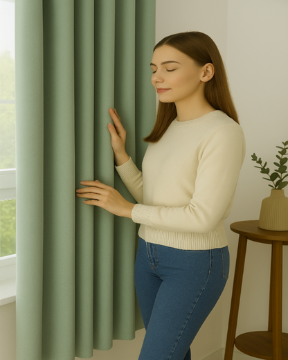 Jeune femme à la peau claire, habillée d’un pull crème et d’un jean, touchant un rideau vert pastel occultant dans un intérieur lumineux et moderne.