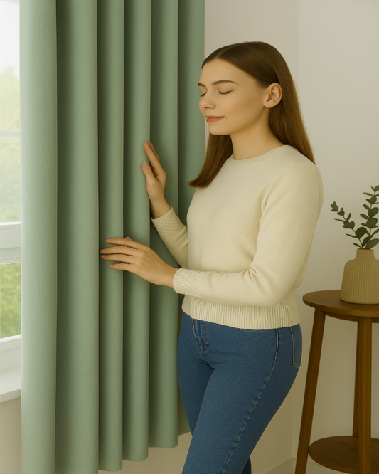 Jeune femme à la peau claire, habillée d’un pull crème et d’un jean, touchant un rideau vert pastel occultant dans un intérieur lumineux et moderne.