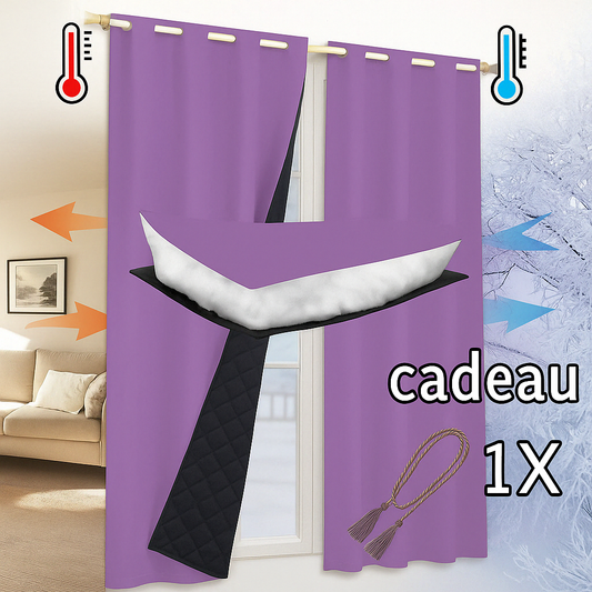Rideaux thermiques violets avec coupe illustrée montrant la couche isolante intérieure, flèches symbolisant l’isolation contre le froid et la chaleur, avec cordelette offerte en cadeau.