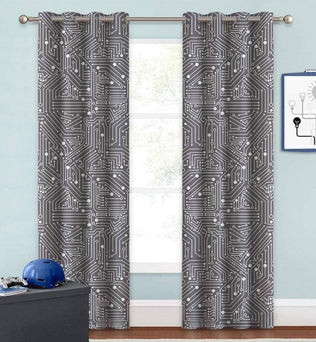 Rideaux à motif circuit imprimé gris, parfaits pour apporter une touche moderne et technologique à votre intérieur. Accessoire décoratif idéal pour les chambres ou le salon, ces rideaux ajoutent du style tout en filtrant la lumière.