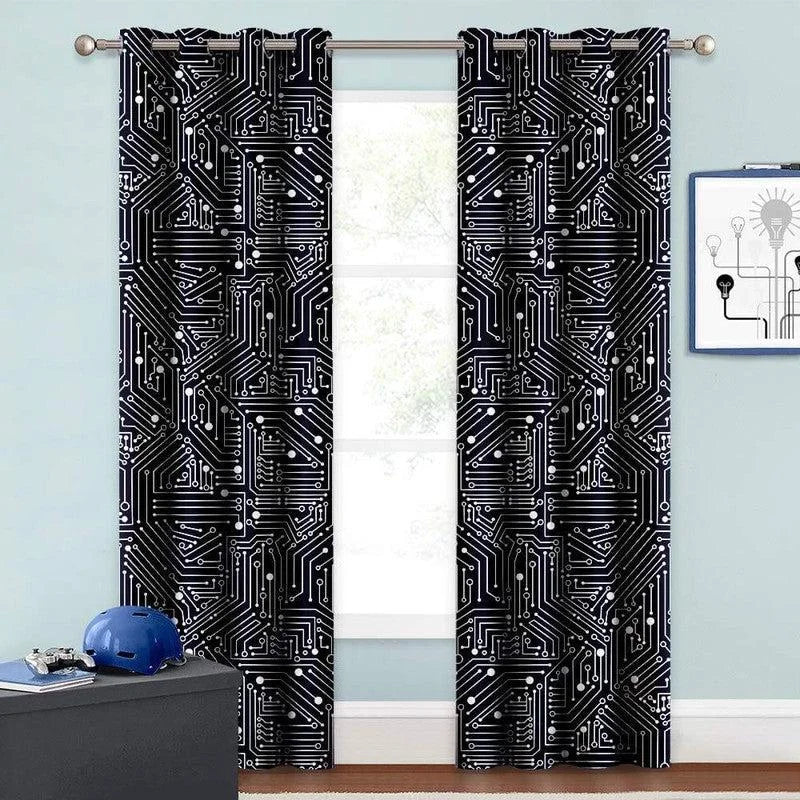 Rideaux modernes à motif circuit imprimé noir et blanc, idéals pour une décoration intérieure moderne et élégante. Parfaits pour un salon, une chambre ou un bureau, ces rideaux apportent une touche technologique et contemporaine à votre espace de vie. Faciles à installer grâce à des œillets pratiques, ils s'intègrent harmonieusement dans tout type de décoration.