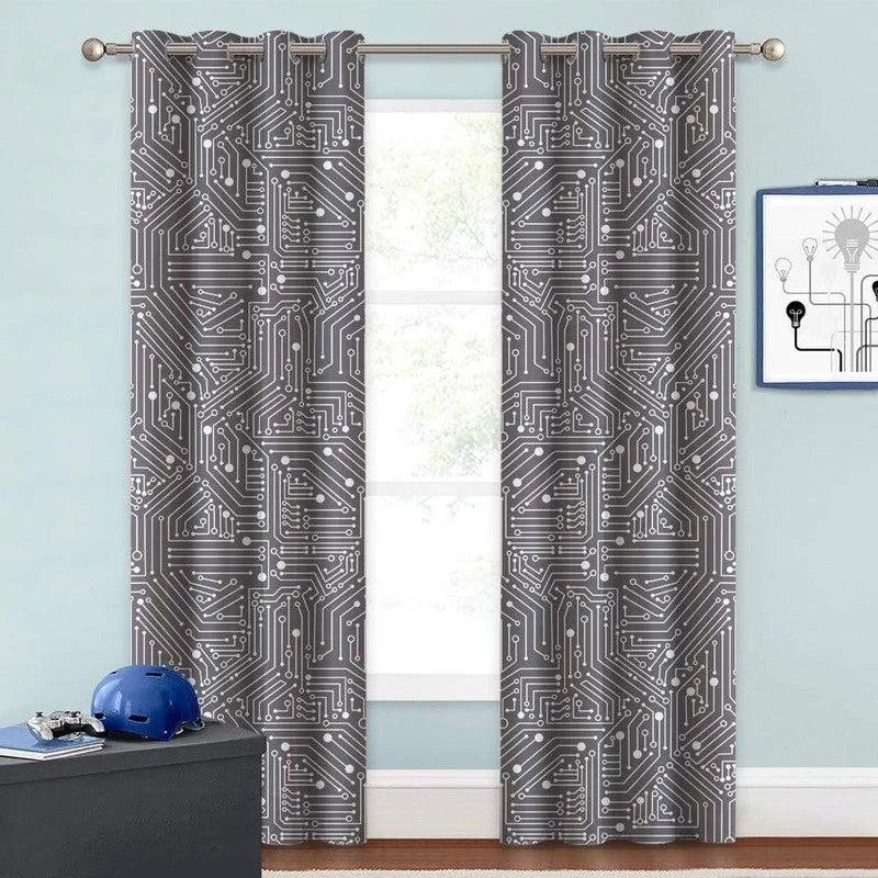 Rideaux à motif circuit imprimé gris, parfaits pour apporter une touche moderne et technologique à votre intérieur. Accessoire décoratif idéal pour les chambres ou le salon, ces rideaux ajoutent du style tout en filtrant la lumière.
