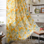 rideaux boho floral jaune vert bleu blanc semi transparent franges vintage