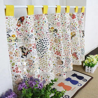 rideaux courts motif enfant animal fleuri blanc multicolore opacité variable métalliques tringle jaune chambre