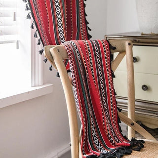 rideaux cuisine porte fenetre rouge noir blanc motifs geometriques franges ethnique boheme semi transparent