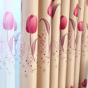 rideaux cuisine floral plissés motifs tulipes beige rose violet transparents modernes