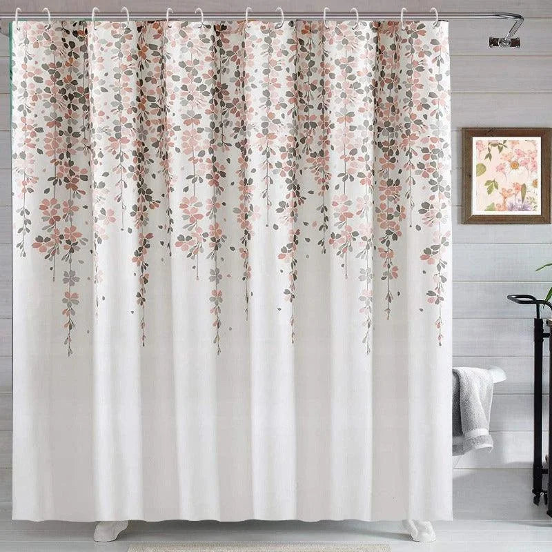 Rideau de douche élégant avec motif floral suspendu en nuances de rose et vert, parfait pour ajouter une touche de nature à votre salle de bain, fixation par crochets simple et rapide, convenant à tout type de décoration intérieure. Idéal pour préserver votre intimité tout en apportant une ambiance apaisante.