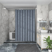 rideau douche camping car bleu foncé texturé effet frange moderne tringle métal