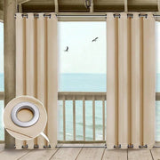 rideaux extérieurs crème opaques texture tissu uni patio pergola tringle métallique résistance eau