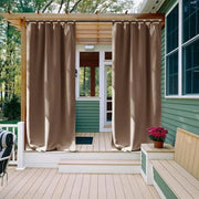 rideaux extérieurs marron tissu uni protection solaire contemporains øeillets métalliques intempéries goutte d'eau