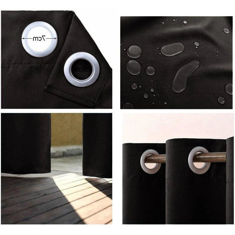 Rideau occultant noir avec œillets, idéal pour une isolation lumineuse efficace. Résistant à l'eau et facile à installer, il s'adapte parfaitement aux fenêtres et balcons. Design moderne et pratique pour la maison.