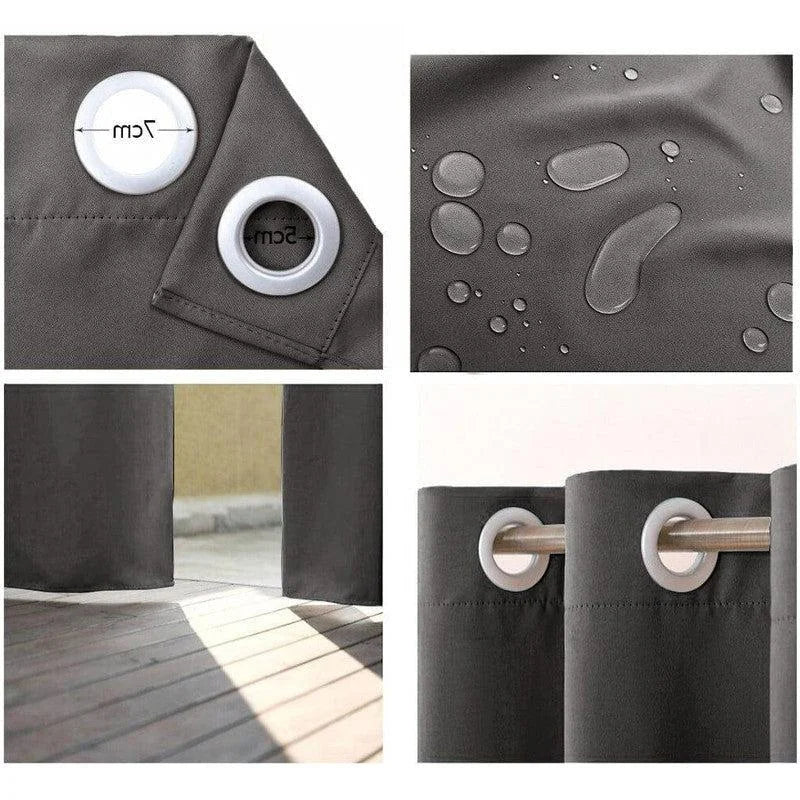 Rideau extérieur imperméable gris. Idéal pour la terrasse ou le jardin, ce rideau est doté d'œillets métalliques pour une installation facile sur une tringle. Résistant à l'eau, parfait pour protéger contre la pluie et le soleil. Taille standard avec une largeur assurant une bonne couverture. Accessoire élégant pour les espaces extérieurs.