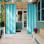 rideaux exterieur bleu turquoise tissu lisse opacite moyenne contemporain tringle bois protection intemperies decoration