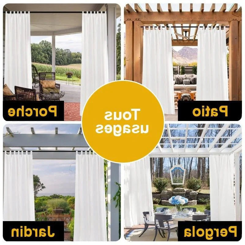 Rideaux d'extérieur polyvalents pour terrasses, porches, jardins et pergolas. Créent un espace intime et élégant en extérieur, parfaits pour profiter de moments de détente en plein air. Faciles à installer, apportent une touche de raffinement à votre espace extérieur tout en permettant de moduler la lumière et l'intimité selon vos besoins.