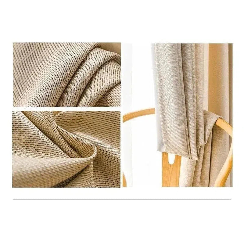 Rideau beige élégant pour salon, photo détaillant ses plis et texture raffinée, parfait pour une décoration intérieure chaleureuse et moderne.