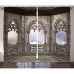 Rideaux décoratifs avec impression 3D effet paysage de château gothique, ajoutant une ambiance majestueuse à votre pièce. Design architectural détaillé avec arches et colonnes, parfait pour un salon élégant ou une chambre à thème. Illusion de profondeur et de perspective pour transformer votre espace intérieur.