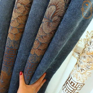 rideaux jacquard motifs floraux bleu marine gris beige opaques volants passe tringle galon fronceur