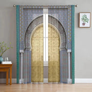 rideaux géométriques orientaux semi transparents couleurs vert jaune bleu gris blanc motifs architecturaux arceaux