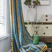 rideaux ethniques motifs géométriques bleu jaune semi transparents bohèmes franges incluses
